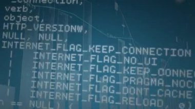 Grafik ve grafikler arkasında koyu mavi arka plan üzerinde hareket ederken beyaz kaydırma bilgisayar kodlama metni animasyon