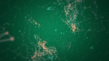 3d diyagramları, yeşil ve turuncu daki noktaları ve çizgileri birbirine bağlayan ve sayısal verileri değiştiren 3d diyagramları ve uzama animasyonu koyu yeşil bir arka plan üzerinde hareket eder