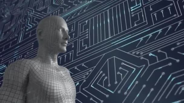 マイクロチッププロセッサの移動背景の前で3D人間またはアンドロイド表現の頭と肩のアニメーション — ストック動画