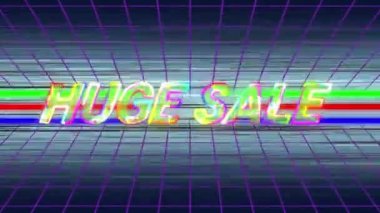 Çok renkli italik büyük harfleri değiştirerek, üzerinde elektrik akımı olan, mor bir ızgara ve üç yeşil, kırmızı ve mavi hareket eden yatay çizgiler ve siyah arka plana karşı bulanık beyaz çizgilerin değiştirilmesinde Büyük Satış kelimelerinin animasyonu