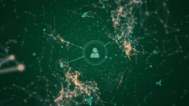 3d diyagramları yeşil ve turuncu ve değişen sayısal veri noktaları ve çizgileri birbirine bağlarken uzaklaştırma animasyonu koyu yeşil bir arka plan üzerinde hareket