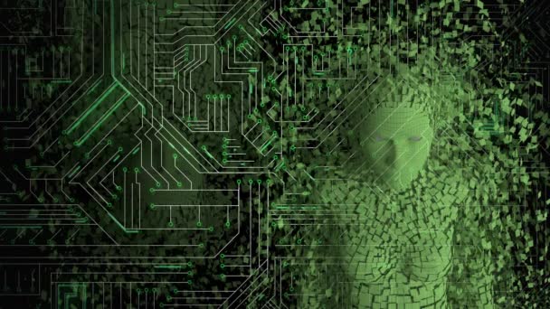 コンピュータ回路基板の背景から浮かび上がる女性のアンドロイドまたは人間の表現の高いビューのアニメーション 緑色で 活動の光の軌跡で 黒い背景に対して — ストック動画