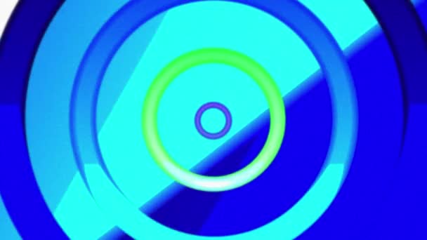 ピンクと青の背景の上に中心と斜めの線を拡大し 減少する同心円のアニメーションは 黒い背景で終わる上昇と下降白い太陽 — ストック動画