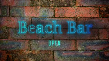 Kırmızı tuğla duvar arka planda titreşen mavi neon etkisi harfleri Beach Bar Açık kelimelerin animasyon