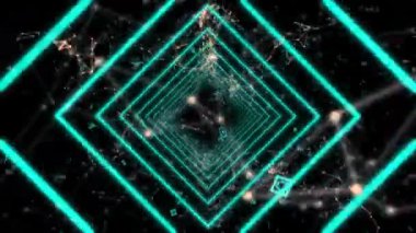 İnce birbirine bağlı kayan beyaz ve turuncu çizgilerle siyah arka plan üzerinde mavi anahat elmas şekilleri büyütme ve deforme animasyon