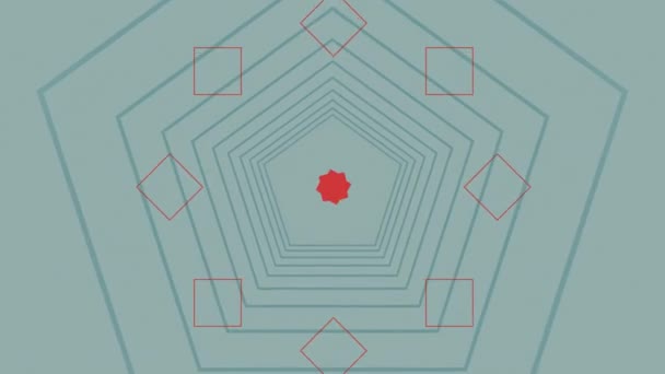 青い五角形のアニメーションは 淡い灰色の背景に 万華鏡の赤い形とパターンが外側に移動しながら 画面の中心から発せられるアウトラインを描きます — ストック動画