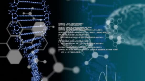 Animation d'un virage lumineux de la structure bleue de l'ADN et données scientifiques blanches et diagrammes des cerveaux et des structures moléculaires se déplaçant sur un fond noir avec une lumière bleue rayonnante 