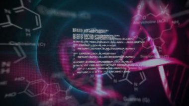 3d pembe DNA modelleri ve mavi ışık halkaları dönüm Animasyon, beyaz metin ve diyagramlar ön planda hareket ile, siyah bir arka plan üzerinde