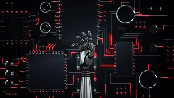 Animatie Van Metalen Robot Hand Balde Unclenching Vuist Een Computer — Stockvideo