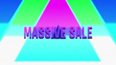 Merkezden büyüyen ve azalan renkli eşmerkezli üçgenlerin animasyonu ve sarı nın üzerinde mor büyük harflerle görünen Massive Sale kelimeleri