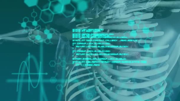 Animation Rib Cage Skeleton Beating Heart Glowing Green Text Diagrams — Stock Video