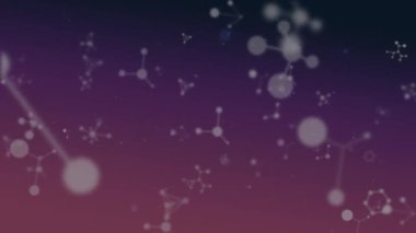 Koyu mor bir arka plan üzerinde, parlayan hücrelerden yapılmış bir Dna ipliği ile değiştirilen yüzen beyaz moleküler yapıların ve beyaz ışık halkalarının animasyonu