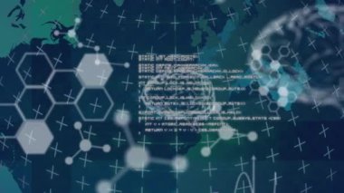 Soluk bir ızgara ile blues bir dünyanın dönen bölümü üzerinde hareket eden beyaz beyin diyagramları ve veri animasyonu