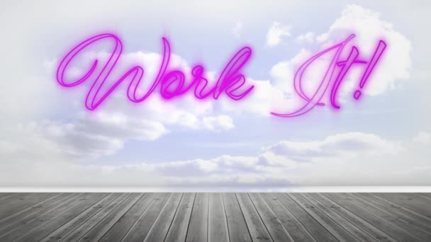 Анимация Слов Work Стиле Почерка Мерцающий Розовый Неон Облачном Небе — стоковое видео