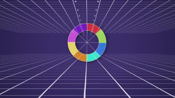 紫色の背景の真ん中に色のスペクトルを充填する白いリングのアニメーションで グリッドの上下が消える地平線に向かって移動します — ストック動画