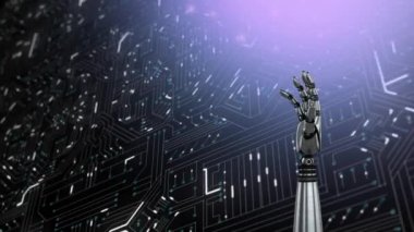 Parlayan beyaz ışık izleri ve sağ üstten parlayan yumuşak pembe Bir ışık ile bir bilgisayar devre kartı arka plan karşı bir dönüm metal robot kol sıkma yumruk animasyon