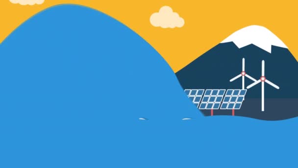 Animação Ondas Marítimas Virando Turbinas Eólicas Painéis Solares Contra Montanhas — Vídeo de Stock