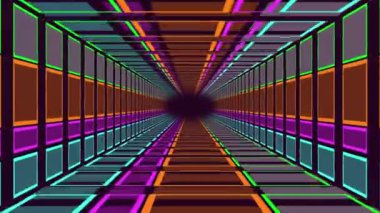 Ufukta siyah bir ufuk noktasına doğru neon ışıklı dikdörtgen bir tünelden seyahat animasyonu