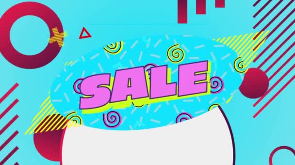動くスパイラルと赤 白のグラフィック要素を持つ青い背景にピンクの文字で販売という言葉のアニメーション — ストック動画