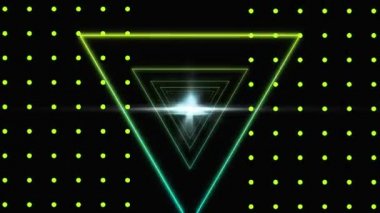 Görüntüleyiciye doğru hareket eden ve zonklayan sarı noktalarla siyah arka plan üzerinde merkezi bir noktadan yinelenen beyaz flaşla bozan sarı ve yeşil çizgi üçgenlerinin animasyonu