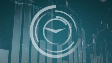 Gri bir saatüzerindeki ellerin gri grafiklere ve mavi arka planda soldan sağa kaydırma grafiklere karşı hızlı bir şekilde dönmesinin animasyonu