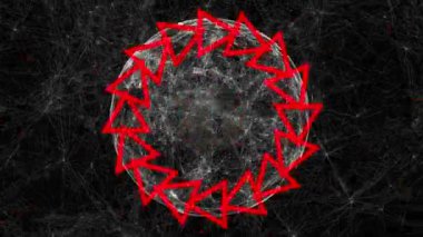 Kırmızı geometrik şekiller merkezinden çıkarken ve izleyiciye doğru ilerlerken, beyaz yarı saydam küresel hücrenin içinde ve çevresinde beyaz bağlantı çizgileri olan animasyonu, siyah arka plan üzerinde yavaşça hareket ederken, kırmızı geometrik şekiller