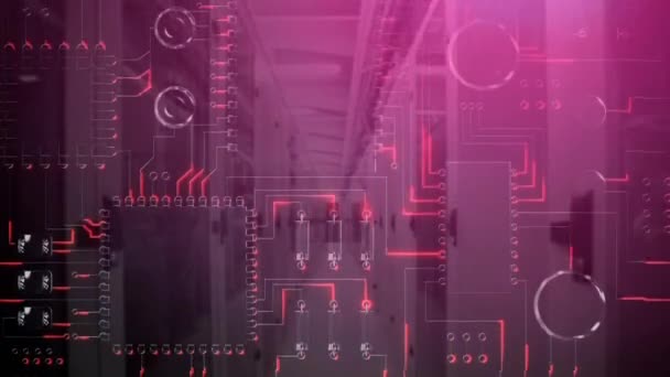Анимация Компьютерной Серверной Комнаты Розовым Оттенком Прокручивающемся Фоне Шатающихся Красных — стоковое видео