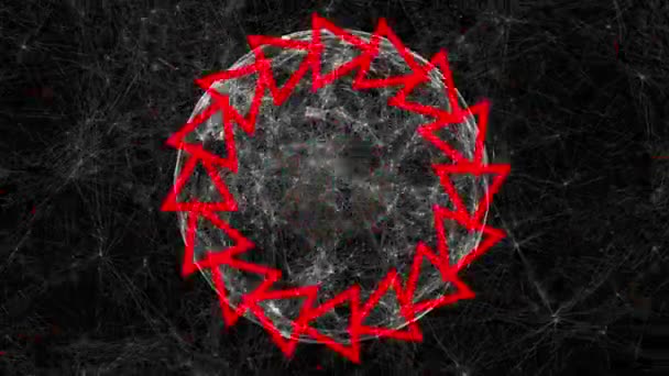 白い接続線を持つ白い半透明の球体のアニメーションは 黒い背景をゆっくりと移動し 赤い幾何学的形状が中心から発し ビューアに向かって移動します — ストック動画