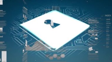 Mavi arka plan üzerinde, hareketli veri ve bilgi ile mavi parlayan bilgisayar devre kartı üzerinde yüzen parlayan metalik asma kilit animasyonu