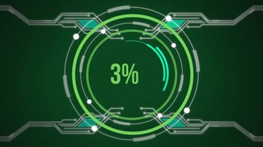 Bir yüzde yeşil arka planda, bir yüzde 1'den 100'e hızla artarken, bir devre kartı üzerinde dönen eşmerkezli dairelerin animasyonu