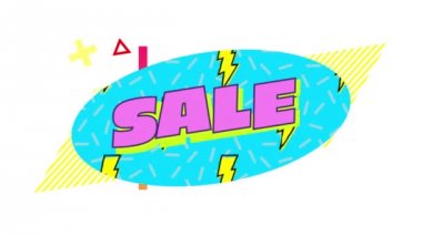 Beyaz bir arka plan üzerinde, sarı şimşek yanıp söner ve grafik öğeleri, hareket eden mavi oval pembe harflerle Satış kelimeanimasyon