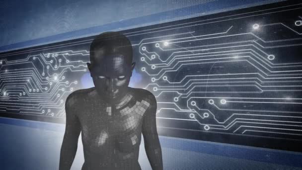 白い点を動かすコンピュータ回路基板の前で腰から見た3D女性の人間表現またはアンドロイドの高い図のアニメーション — ストック動画