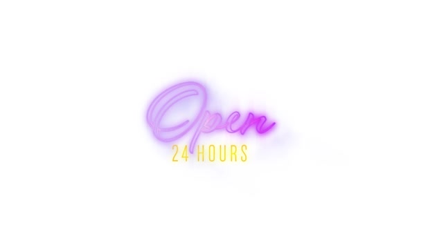 Animation Open Hours Sign Flickering Pink Yellow Neon White Foundation — стоковое видео