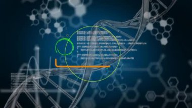 3d Dna iplikçik dönüm animasyon, sarı daire ile, kısaca yeşil ve turuncu anahat şekilleri görünen, ve beyaz veri ve diyagramlar ön planda hareket, mavi bir arka plan üzerinde