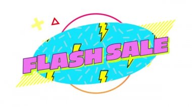 Hareketli grafik öğeleri ile beyaz bir arka plan üzerinde kayan sarı şimşek yanıp söner ile mavi bir oval üzerinde yüzen pembe harflerle yazılmış kelimelerin Flash Sale animasyonu