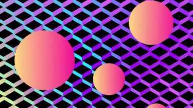 Yansıtıcı elmas şekilli örgü siyah bir arka plan üzerinde sarıdan mavi ve mor a sarıya renk değiştiren önünde yüzen turuncu topları animasyon