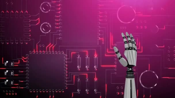 Анимация Руки Робота Поворачивающего Сгибающего Пальцы Розовой Освещённой Компьютерной Плате — стоковое видео
