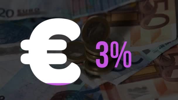 欧元货币符号的动画和越来越多的百分比数字填充粉红色 达到100 而硬币落在欧元纸币的背景 — 图库视频影像