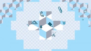 Beyaz, gri ve mavi şekiller genişleme animasyon ve sırayla ekran doldurma, günlük ofis nesnelerin simgeleri görünür ve beyaz bir arka plan üzerinde kalır