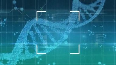Bir dönüm 3d Dna iplikçik üzerinde bir ızgara ve vizör manzaraları animasyon, yüzen moleküler yapılar ve mavi bir arka plan üzerinde veri hareketli