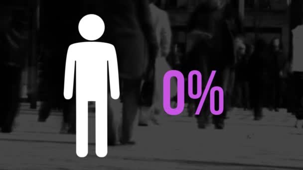 人の形とパーセンテージが0から100に上昇するアニメーションは 混雑した通りを歩く低区間の人々の白黒の動画の上にピンクで満たされます — ストック動画