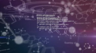 Dna animasyonu, molekül yapıları, beyaz metin ve karanlık bir bordo arka plan üzerinde hareket eden veri