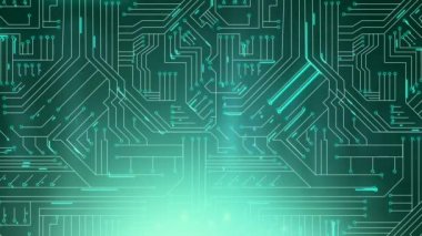 Yeşil parlayan ışık parkurları ile bir bilgisayar devre kartı animasyon