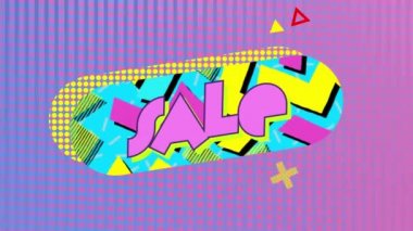 Hareketli elemanlar ile mavi kapsül şeklinde pembe dolu harflerle Satış sözcüğünün Animasyon.