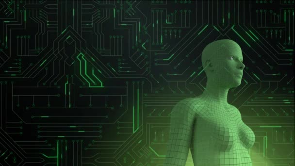 緑色の光の軌跡を持つコンピュータ回路基板の前で腰から見た3D女性の人間表現またはアンドロイドの低角度ビューのアニメーション — ストック動画