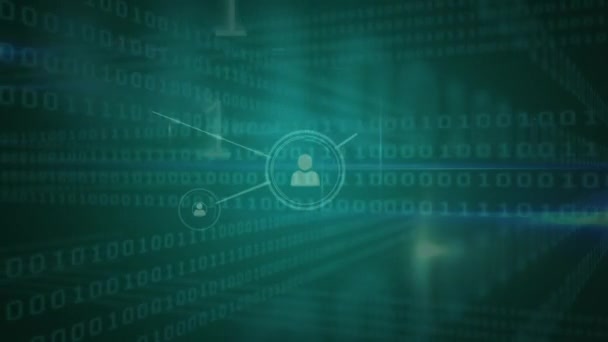 Animation d'icônes de personnes et de lignes interconnectées en vert pâle avec code binaire mobile sur fond vert 