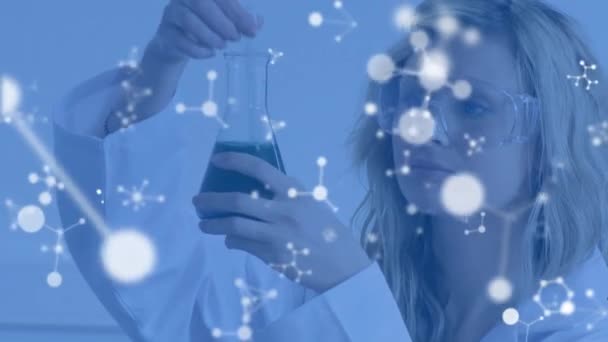 Animation Blue Tinted Head Shoulders View Caucasian Female Scientist Wearing — Stock Video