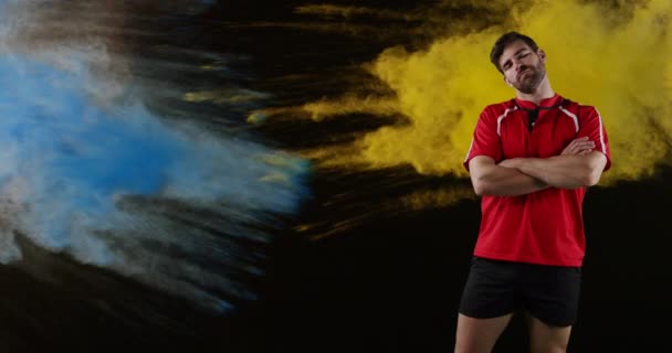Animation Jeune Joueur Rugby Masculin Caucasien Debout Avec Les Bras — Video