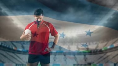 Bir top tutan ve arka planda Honduras ve stadyum dalgalı kameraya bakan bir Kafkas erkek rugby oyuncusu animasyon
