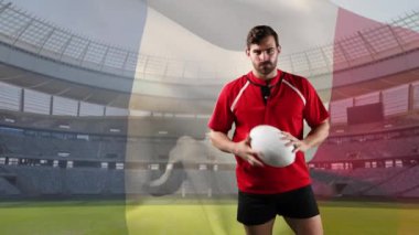 Bir top ile oynayan ve arka planda Fransız bayrağı ve stadyum üfleme ile kameraya bakarak bir Kafkas erkek rugby oyuncusu animasyon